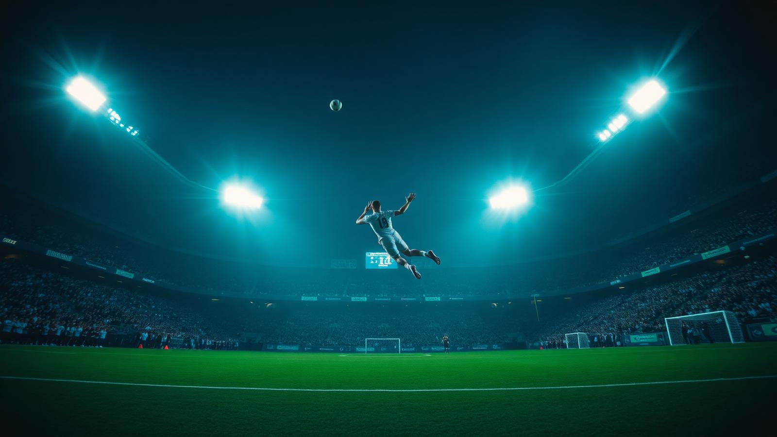 Jugador rematando de volea en un estadio iluminado por focos